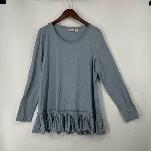 LOGO by Lori Goldstein Blue Crew Neck Ruffled long Blouse